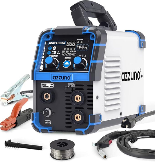 AZZUNO 135 Amp MIG Welder, 3 in 1 Multiprocess Welder 110V Flux Core Welder Flux MIG/Lift TIG/Stick Welding Machine Synergic Control IGBT Inverter Welder (volts, 110)