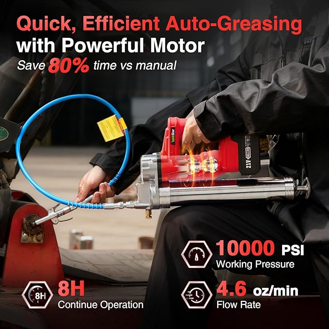 High-Efficiency Electric Grease Gun, 10000 PSI Battery Powered Grease Gun with 2 * 4.0Ah Batteries and Charger, for Farmers, Mechanics, and Equipment Owners, Red
