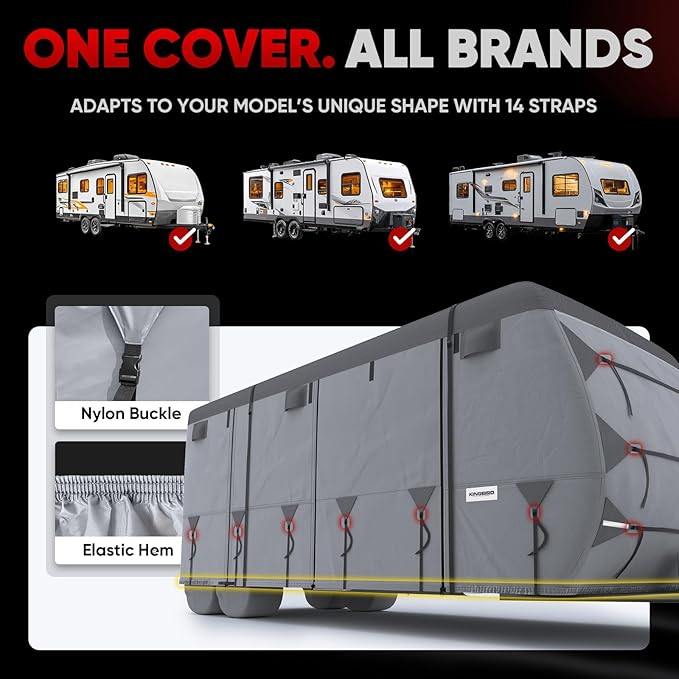 KING BIRD Oxford Fabric Travel Trailer RV Cover, 600D Oxford Camper Cover 24-27 ft Tearproof Waterproof Windproof Travel Trailer Cover with 2Pcs Extra Straps, 6 Gutter Covers & 4 Tire Covers