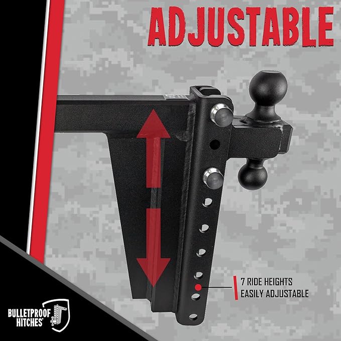 BulletProof Hitches - 2.0" Adjustable Extreme Duty Trailer Hitch (30,000 lb. Rating) - 12" Drop/Rise with 2" and 2 5/16" Dual Ball - Powder Coat, Solid Steel, Corrosion-Resistant
