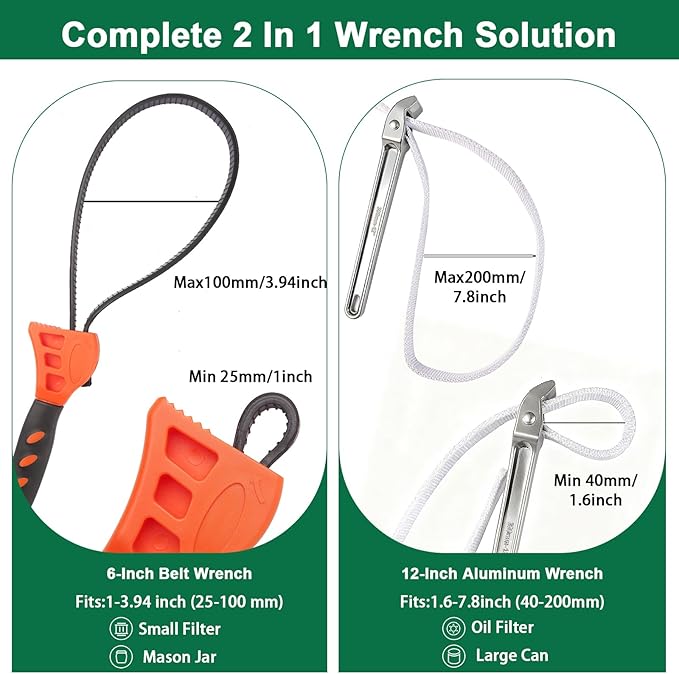 2Piece Wrench Set:12" Aluminum Nylon Strap Wrench&6" Multi-Purpose Rubber Strap Wrench Plumbing,Non-Slip, Non-Marring Grip,Complete DIY Automotive Tool Kit for Oil Filter & Household