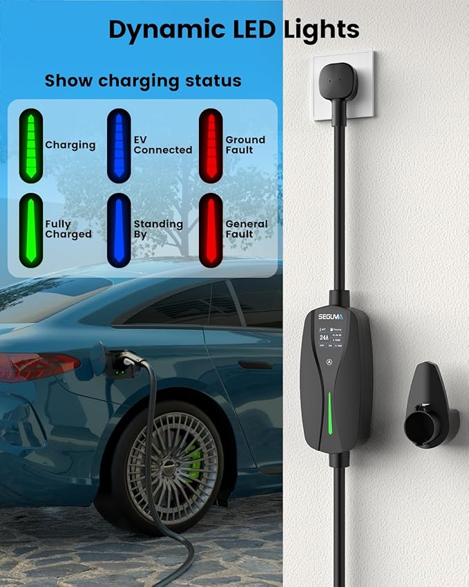 Level 2 EV Charger with NEMA 10-30 Plug, 24Amp 240V, 25FT Extension Cord, Adjustable Current (10-24A), Portable Home Mobile Dryer EV Charger for J1772 Electric Vehicles, Fits 3-Prong Dryer Outlet
