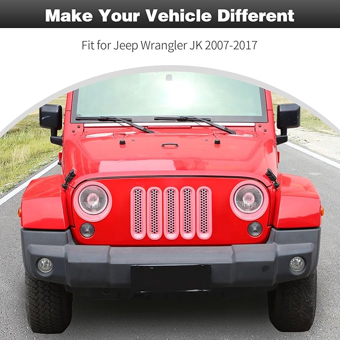 CheroCar for JK Mesh Grille Grill Insert & Headlight Cover Trim Exterior Accessories for Jeep Wrangler JK 2007-2017,Pink…