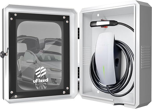 Outdoor EV Charger Enclosure Wall Box with Lock, Tesla & Chargepiont Charger Lock Box with Holder | Weatherproof, Visible, Easy to Install, White