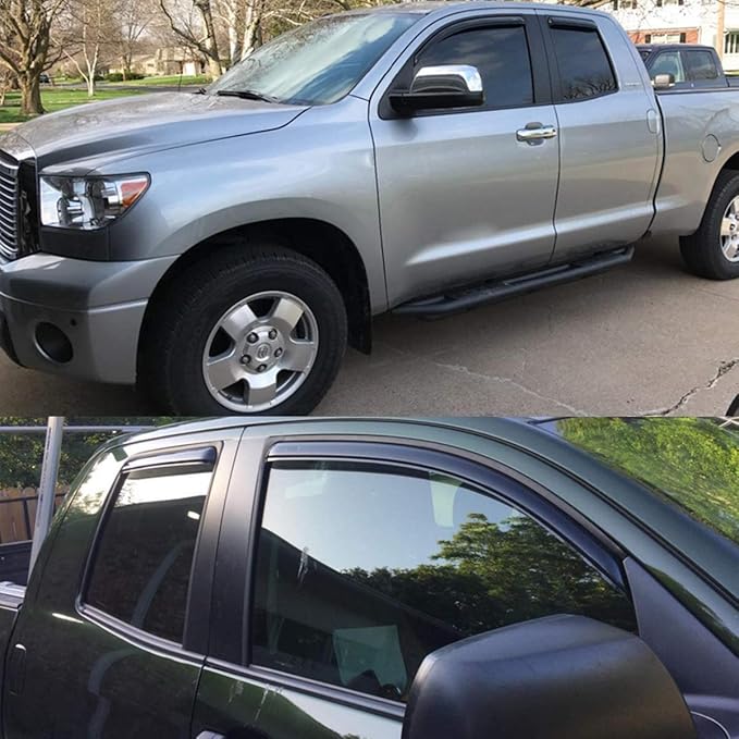 Lightronic Extra Durable Clip-on in-Channel Auto Vent Window Visor, Fits 2007-2021 Toyota Tundra, Double Cab, UV Protection Rain Guard, Original Wind Deflector, No-Drill Install, Dark Smoke, 4-Pcs