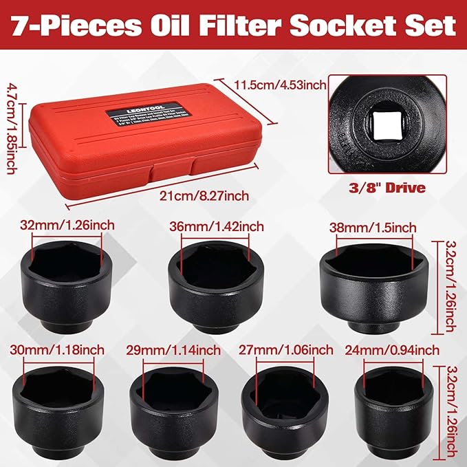 7-Piece Oil Filter Socket Set, 3/8" Drive Low Profile Oil Filter Cap Wrench Socket Set | 24mm, 27mm, 29mm, 30mm, 32mm, 36mm, 38mm | Aluminum Alloy, 6-Point Design, Storage Case Included