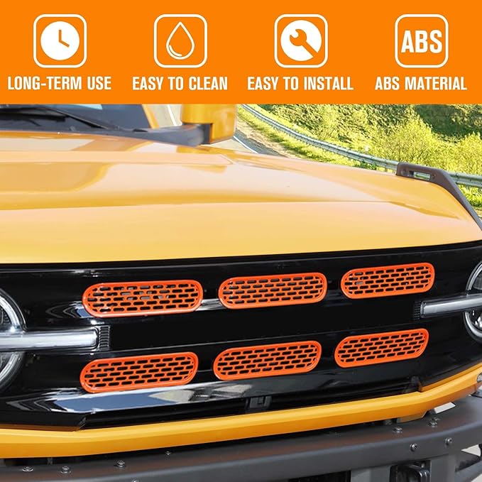Jimen Compatible with Ford Bronco 2021-2023, 6PCS Front Grille Inserts Mesh Grill Cover Exterior Trim Accessories (Orange)
