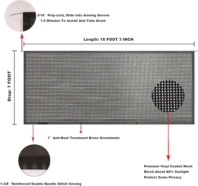 Tentproinc RV Awning Sun Shade Screen 7' X 16' 3'' (Fit for 17' Awning) Mesh Screen Sunshade for RV Awning Sunscreen Motorhome Camping Trailer Awning Shadescreen UV Blocker - 3 Year Warranty (Black)