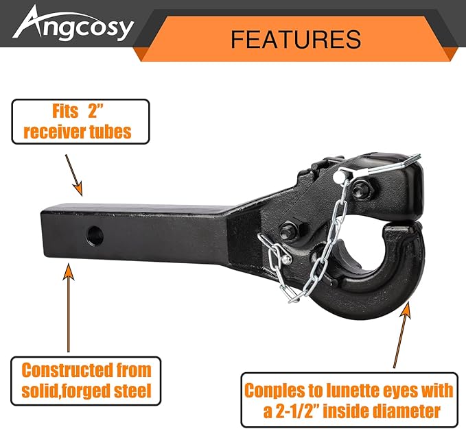 10-Ton Pintle Hook Trailer Hitches Receiver Hook for 2” Hitches Hitch Hook Military Receiver, 20000 lbs, 15” Length