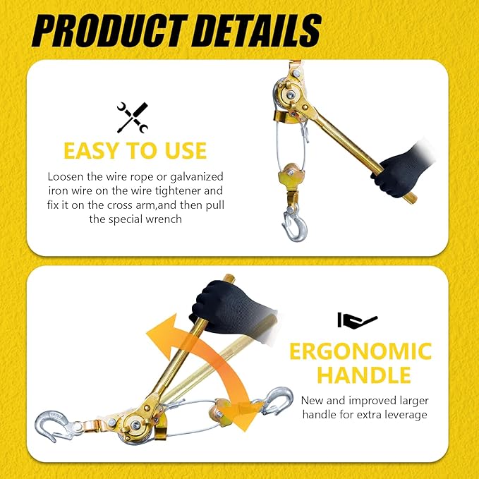 Come Along Winch Puller 3T 10FT, Cable Hoist Winch Puller with 2 Hooks, Come Along Tool Heavy Duty, Ratchet Puller for Lifting Pulling Construction Building