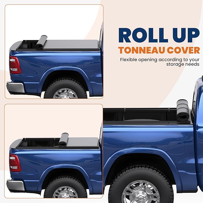 Roll-Up Soft Vinyl Truck Bed Tonneau Cover Fleetside Compatible with 2009-2024 Dodge Ram 1500 (No Ram Box) On Top (5.8/5.7 FT Feed Bed)