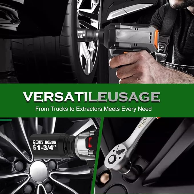 1/2" Drive Impact Socket Set, 9-Piece Standard SAE Deep Axle Nut Sockets, 6-Point, Cr-Mo,1-1/4，1-3/8，1-7/16，1-1/2，1-9/16，1-5/8，1-11/16，1-3/4, Impact Socket Adapter (3/4" x 1/2")