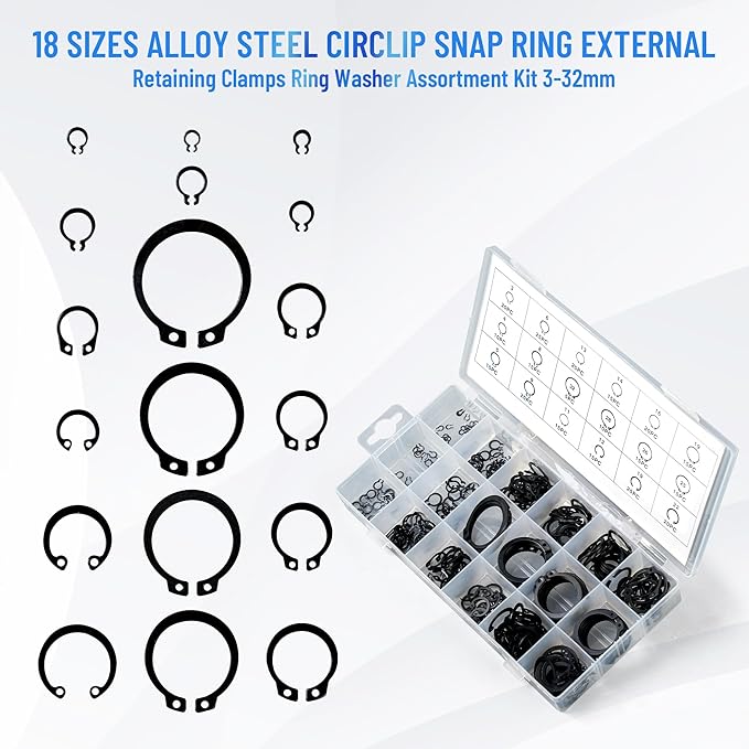 12PCS Versatile Retaining Snap Ring Pliers set,300PCS External Snap Rings,Heavy Duty Fixed Tip Combination Internal/External Snap-ring Pliers for 0.038in 0.047in 0.070in 0.090in