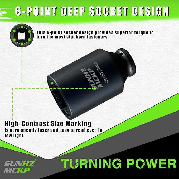 SUNHZMCKP 1/2 Inch Drive Impact Socket, Metric 35 mm Deep 6 Point Socket, CR-MO, Axle Nut Impact Grade Socket for Easy Removal