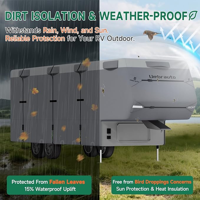 Umbrauto 5th Wheel RV Cover Upgraded 7 Layers Top Anti-UV Waterproof Breathable Camper Covers Fits 31' - 34' Travel Trailer Motorhome with 2Pcs Extra Straps & Gutter Covers