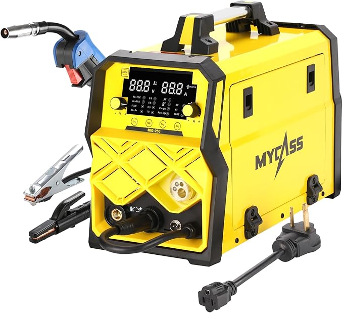 250A MIG Welder,5 in 1 Gas MIG/Gasless Flux Core/Stick/Lift TIG/Spot Welding/Spool Gun Compatible Aluminum Welding Machine Large LED Display 110V/220V Multi Process Welder