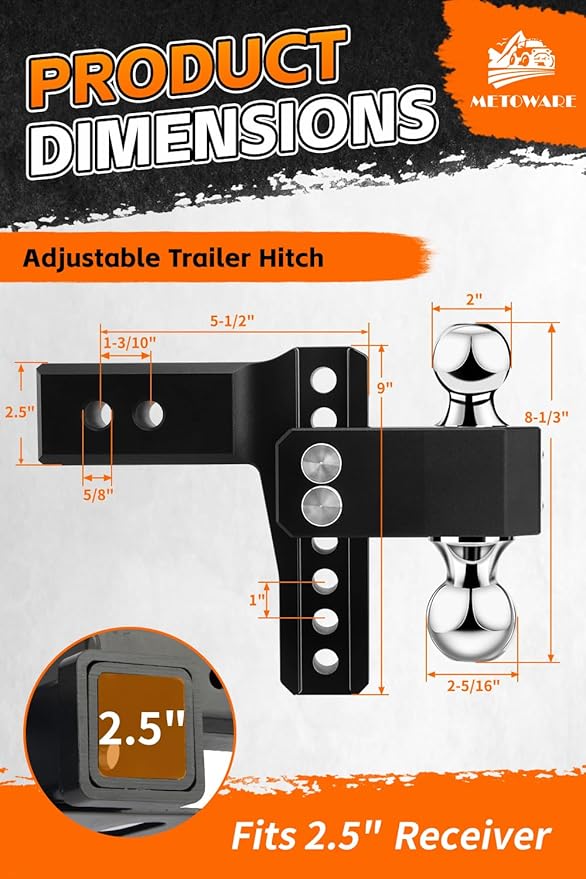 METOWARE Adjustable Trailer Hitch - Aluminum Tow Hitch Fits 2.5-Inch Receiver - Heavy Duty Drop Hitch with 6-Inch Drop/Rise for Truck (18,000 LBS GTW), Double Stainless Steel Locks & Hitch Pin (Black)