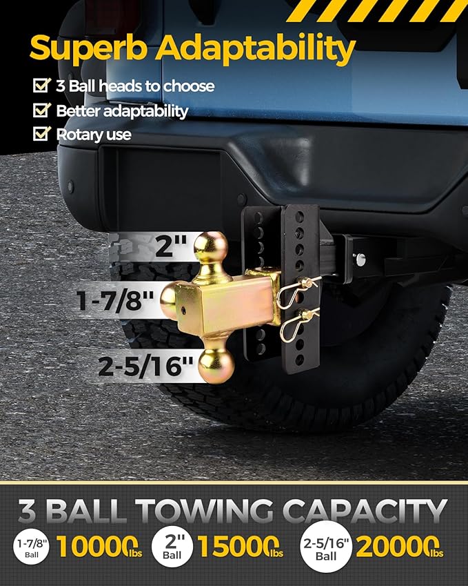 Adjustable Trailer Hitch for 2-Inch Receiver, 6-Inch Drop & Rise, 20,000 lbs GTW, 3 Ball Hitches Included (1-7/8", 2", 2-5/16") with Anti-Theft Lock, Heavy-Duty Ball Mount for Trucks