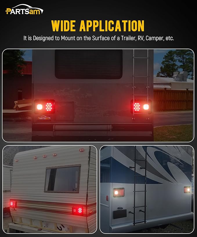 Partsam 2Pcs Double Led Trailer Tail Lights with Horizontal Mount Dual Stop Turn Tail Backup Reverse Lights 33 LED, Surface Mount RV Double Led Taillights, RV Double Led Tail Lights, Black Base