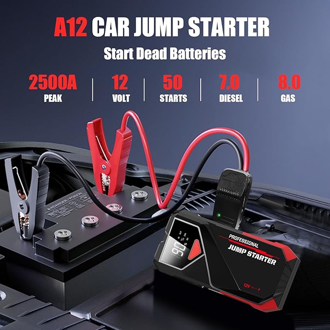 Car Battery Jumper Starter Portable: 2500A Car Jump Starter with LCD Display - 12V Auto Jump Starter Battery Pack with Jumper Cables - Jump Box for Car Battery 8.0L Gas & 7.0L Diesel Engine, Black