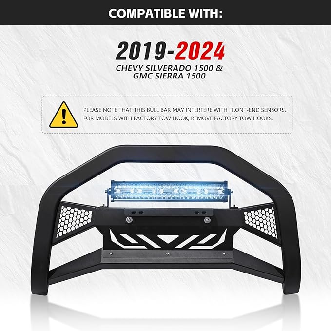 Bull Bar Brush Guard with LED Light Bar & License Plate Frame Compatible with 2019-2024 Chevy Chevrolet Silverado 1500 & GMC Sierra 1500, Front Bumper Push Bar Grill Guard Grille with Skid Plate