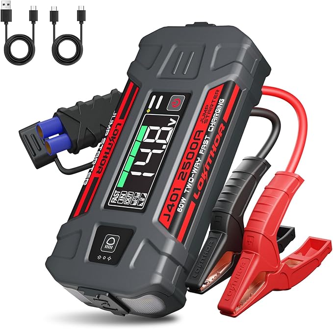 LOKITHOR J401 Car Battery Jump Starter, 2500A Battery Jumper Starter Portable, 12V Jump Box, Jumper Cables for Upto 8.5L Gas and 6.5L Diesel Engines, 60W Fast Charging, Smart Digital Screen LED Light