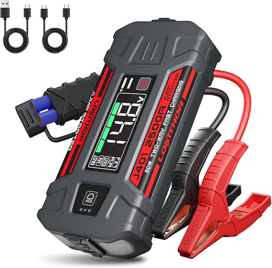 LOKITHOR J401 Car Battery Jump Starter, 2500A Battery Jumper Starter Portable, 12V Jump Box, Jumper Cables for Upto 8.5L Gas and 6.5L Diesel Engines, 60W Fast Charging, Smart Digital Screen LED Light
