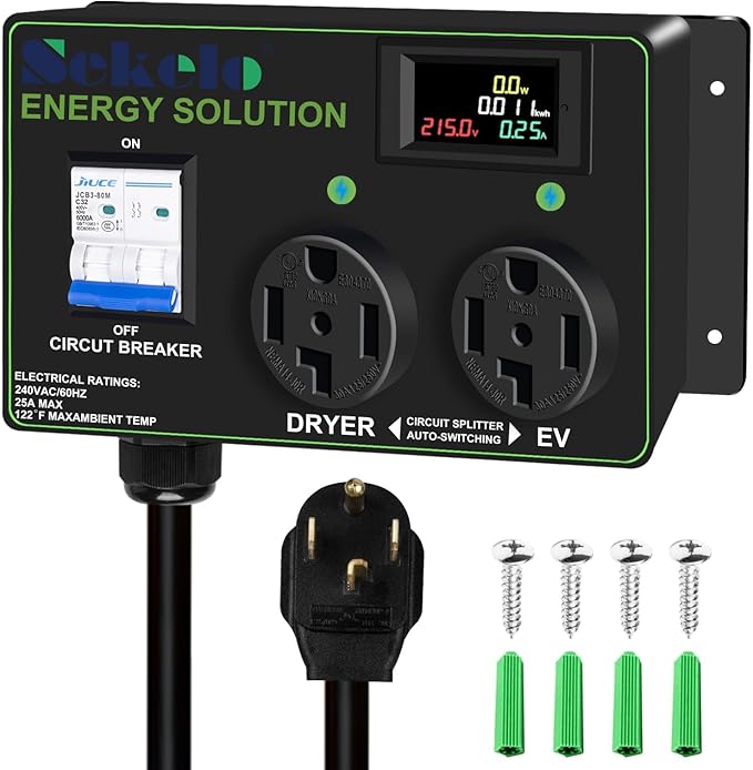 Smart EV Charging Integration: Sekelo Automatic Power Switch for Dryer & EV, NEMA 14-30, 240V, 24A 5.76kW Max Power Splitter, Fast Charging, Real-time Display