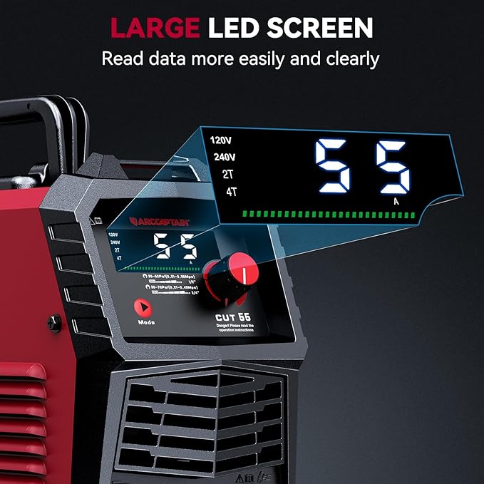 ARCCAPTAIN 55A Plasma Cutter, Large LED Display, Non-Touch Pilot ARC Plasma Cutting Machine, 120/240V Dual Voltage IGBT Inverter, 1/2" Clean Cut, Post Flow, 2T/4T, for Beginners DIY