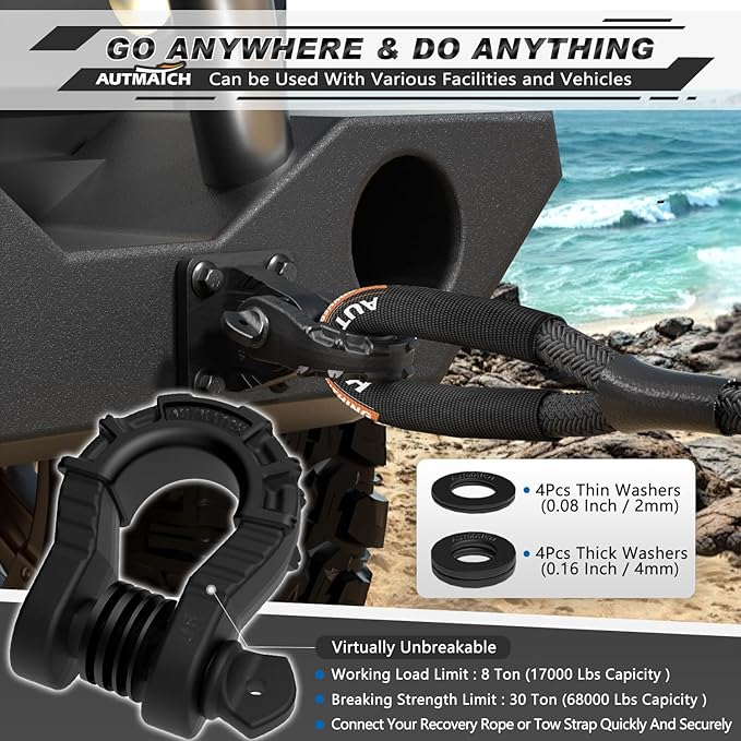 AUTMATCH D Ring Shackles 3/4" Mega Shackle (2 Pack) 68,000Ibs Break Strength - Heavy Duty Clevis Shackles 7/8" Screw Pin & Isolator Washer for Tow Strap Winch Off Road Vehicle Recovery, Matte Black