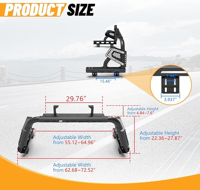 Universal Adjustable Bed Rack Roll Bar for Pickup Trucks - Compatible with Mid-Size& Full-Size Models, Q235A Carbon Steel, Powder-Coated Black Finish, Multiple Mounting Options Available