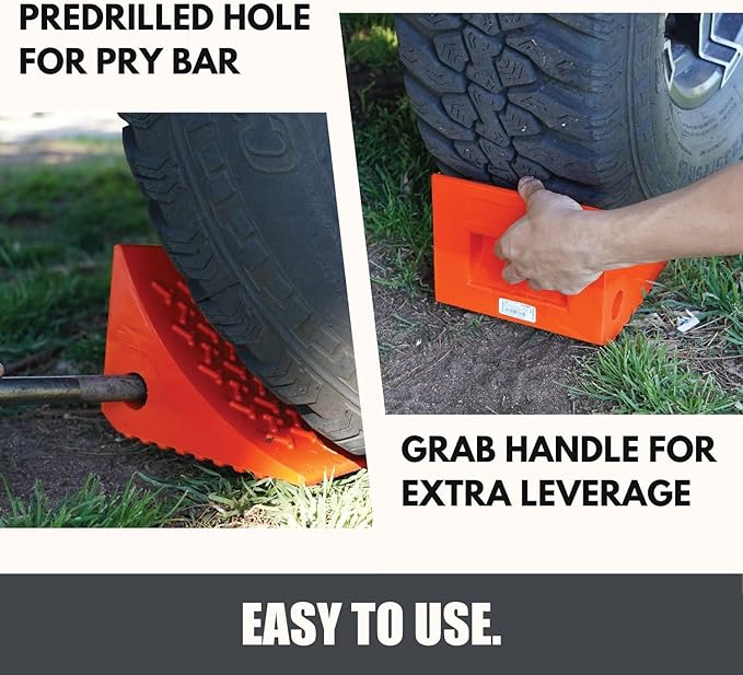 SECURITYMAN 4 Pack Wheel Chocks - Constructed of Heavy Duty Solid Polyurethane Rubber for 20,000 lbs - Great for RV, Camper, Truck, Travel Trailer Wheel Chocks - All Surfaces and All Weather - Orange