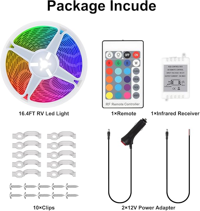 16.4FT RV Awning Lights, 12V Multicolor Camper Awning Lights with Remote Control, Waterproof Rv Led Light Strip for Motorhome Travel,Travel Trailers, Camper, Food Trucks