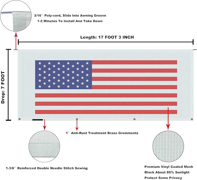 Tentproinc RV Awning Sun Shade Screen 7' X 17' 3'' (American Flag) Gray Mesh Sunshade Camper Trailer Awning Shade Screen UV Blocker Completed Kits