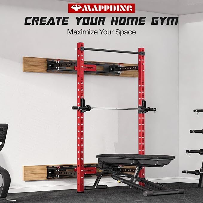 Folding Squat Cage Wall Mounted, 1100 LBS Foldable Squat Power Rack Weight Cage with Pull Up Bar, J-Cups, Landmine and Partable Space Saving Standing for Home Gym Garage Workout