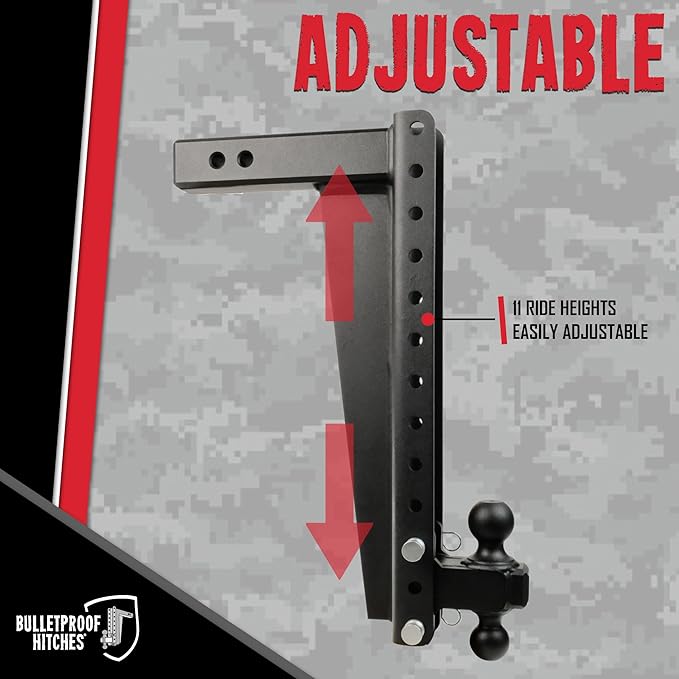 BulletProof Hitches - 2.5" Adjustable Heavy Duty Trailer Hitch (22,000 lb. Rating) - 20" Drop/Rise Trailer Hitch with 2" & 2-5/16" Dual Ball - Powder Coat, Solid Steel, Corrosion-Resistant