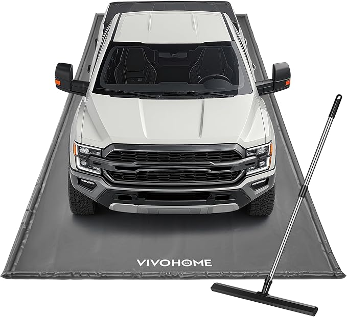 VIVOHOME Containment Mat (8'6" x 20') with Stay Put Corner, PVC Garage Floor Mats, Heavy Duty Garage Parking Mat with a Squeegee, Gray