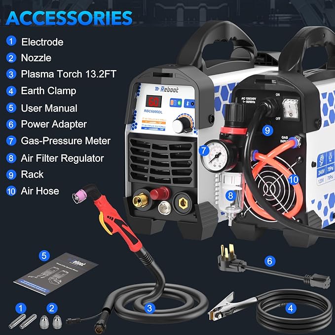 Reboot Plasma Cutter, 2025 Upgraded 60Amps Cutter Machine with 120/240V Dual Voltage DC Inverter IGBT 1/2 Inch Clean Cut for Beginners DIY and Small Business Projects