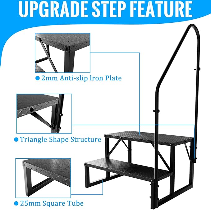 RV Steps with Handrail, 2 Steps Ladder Hot Tub Steps with Handrail, Portable Mobile Home Stairs Outdoor RV Stairs for 5th Wheel RVs