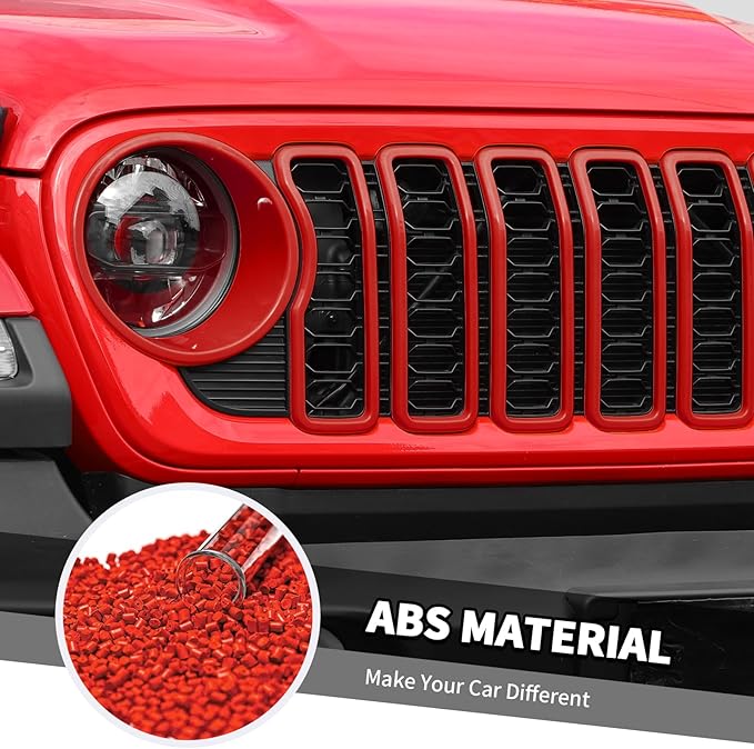 Jimen for 2024 Jeep Wrangler 4xe grill inserts, 9PCS Headlight Cover & Grille Insert Compatible with Jeep Wrangler JL JLU 2024+, NOT FIT JL Sport/Sport S (Red)