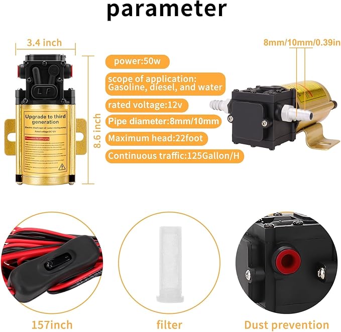 12V Electric Fuel Transfer Pump 120 GPH Gasoline Pump With 13FT Cigarette Lighter Plug Alligator Clips, Explosion-Proof Design Suitable For Vehicles, Boats,Equipment,Gasoline, Diesel, Water