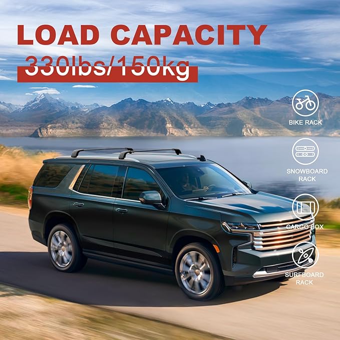 KINGGERI Lockable 330lbs Roof Rack Cross Bars Compatible with 2021 2022 2023 2024 2025 2026 Chevy Tahoe & Chevrolet Suburban & GMC Yukon XL & Cadillac Escalade ESV, Heavy Duty Rooftop Aluminum