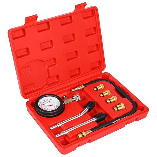 8PCS Compression Tester Kit Professional Petrol Gas Engine Cylinder Pressure Gauge 0-300 PSI Automotive Tool for Motorcycle Car Truck (Red 8pc)