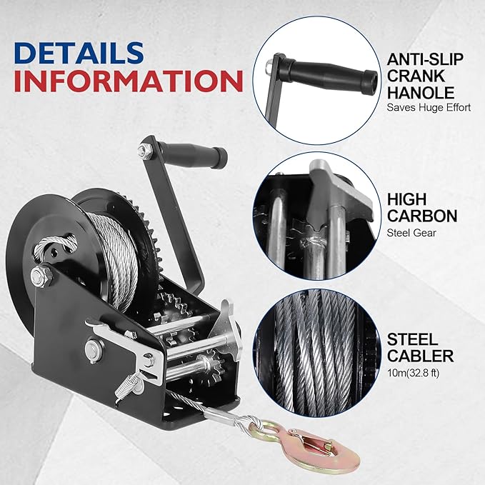 Heavy Duty Boat Trailer Winch – 3500LB Manual Hand Crank Winch with 32.8ft Steel Rope, Two-Speed (4:1 & 8:1), Powder Coated – for Boat, ATV, Utility Trailers