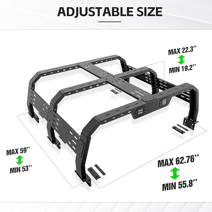 19.2-22.3" Hight Bed Racks Truck Cargo Carrier with 2 LED Lights Compatible with Tacoma/Ram 1500/ Tundra/Silverado/Sierra/ F150/ Titan/Canyon/Ranger/Frontier/JT/Colorado Extended Cab
