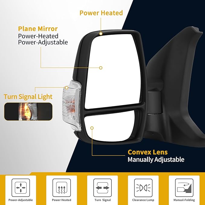 DWVO Left Driver Side Mirror Compatible with 2015-2021 Ford Transit 150 250 350 350 HD, Door Mirror with Power Heated Manual Folding LED Turn Signal Clearance Light Black
