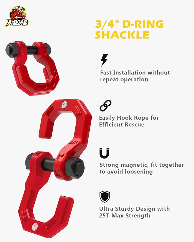 3/4" D-Ring Shackles, Heavy Duty Forged Steel Shackles with 7/8" Pin, Easy Open D-Ring Shackles Towing Winch Hooks for Recovery, Trucks, SUV, ATV, UTV, Off-Road Vehicles, Red Red