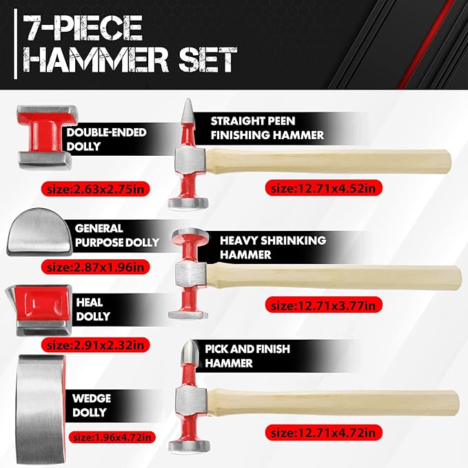 C&T 7 Piece Auto Body Repair Tool Hammer Dolly Set, Car Body Repair Tool Kit with Carrying Case, Hickory Handles