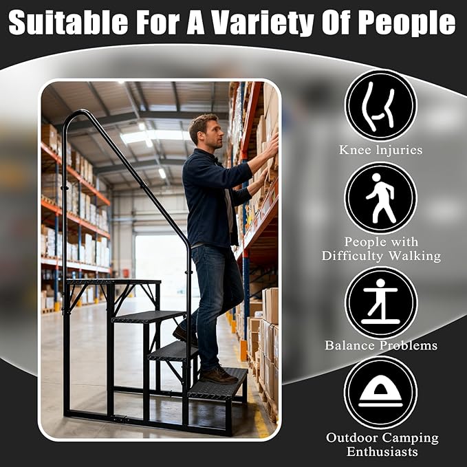 RV Steps with Handrail, 4 Step RV Stairs 660 lbs Load Capacity, Step Ladder with Anti-Slip Panel, Mobile Home Stairs for Travel Trailers
