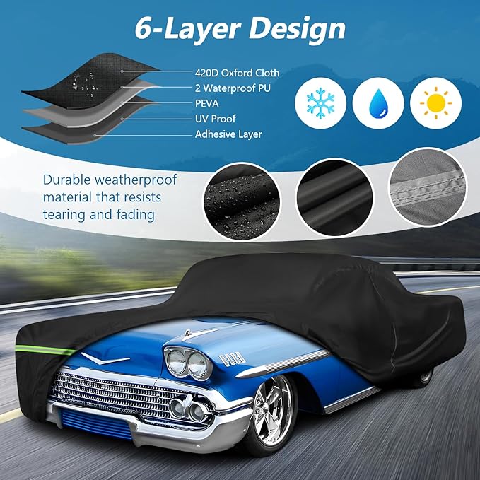 Waterproof Car Covers for Chevy Impala 2-Door/Bel Air/Biscayne 2/Sedan/Coupe 1958-1970,420D Oxford Cloth Sun Heat Protection Outdoor Covers Windproof Heavy Duty All Weather